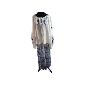 Francesca's White and Blue Floral Embroidered Blouse and Wide Leg Pants Set, NWT